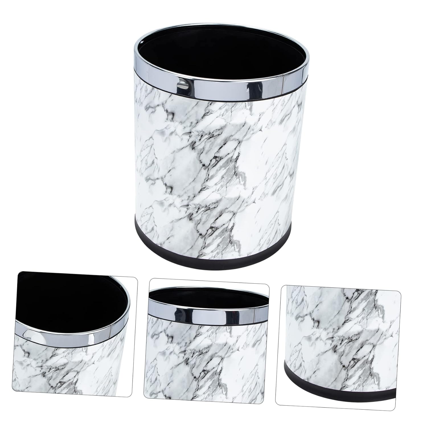 MAGICLULU Marbling Trash Can for Bathroom Elegant Marble Pattern Waste Holder Compact Round Garbage Bin for Home and Office Dual Design White Marble Finish
