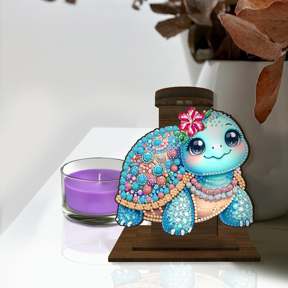 C'eitura Turtle Diamond Art Painting Candle Holder Decor, 5D DIY Rhinestone Sea Turtle Tabletop Ornament with Colorful Shell Flower Beads and Wooden Stand, Craft Gift image 5