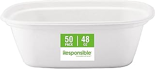 Responsible Products 48 oz Rectangle Bowls I Tree-Less™ Compostable Molded Fiber Disposable Bowls I Extra Strength I NO-PFAS I Classic White (50 Count)