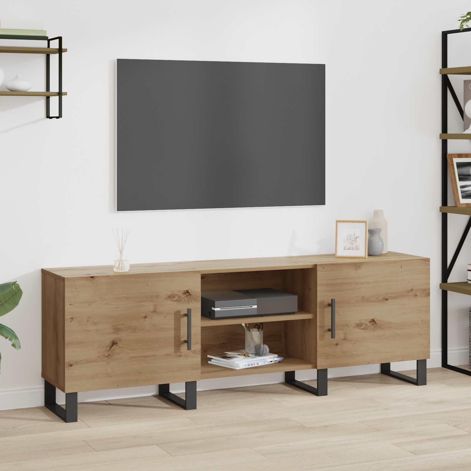 59-Inch Engineered Wood TV Stand with 2 Doors, Oak | Measures 150 x 30 x 50 cm with an open center shelf, providing storage for media players in living rooms.
