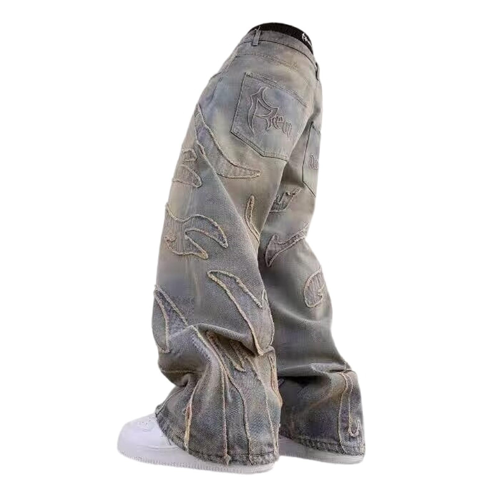 Spodnie Baggy dla mężczyzn, Jeansy hiphopowe, Spodnie Baggy z wysokim stanem, Spodnie jeansowe z nadrukiem, Luźne szerokie nogawki, Streetwear, Spodnie casualowe