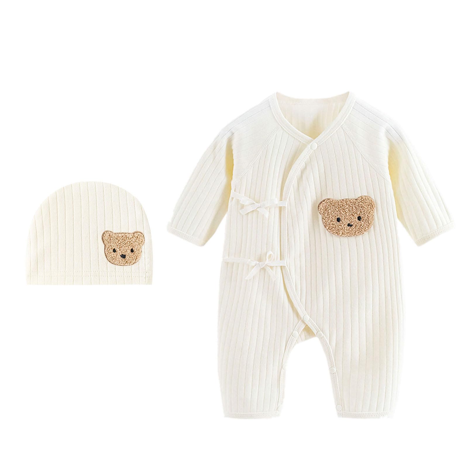LIANXUE Baby Cotton Jumpsuit & Hat Long Sleeve Romper Infant Coveralls Spring Bodysuit Cartoon Bear Breathable Outfit