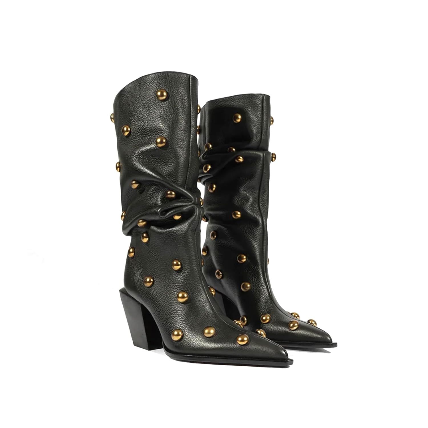 Studded Fold over Boots for Women Suede Ankle Boots Chunky Block High Heel Pointed Toe Pull on Fashion