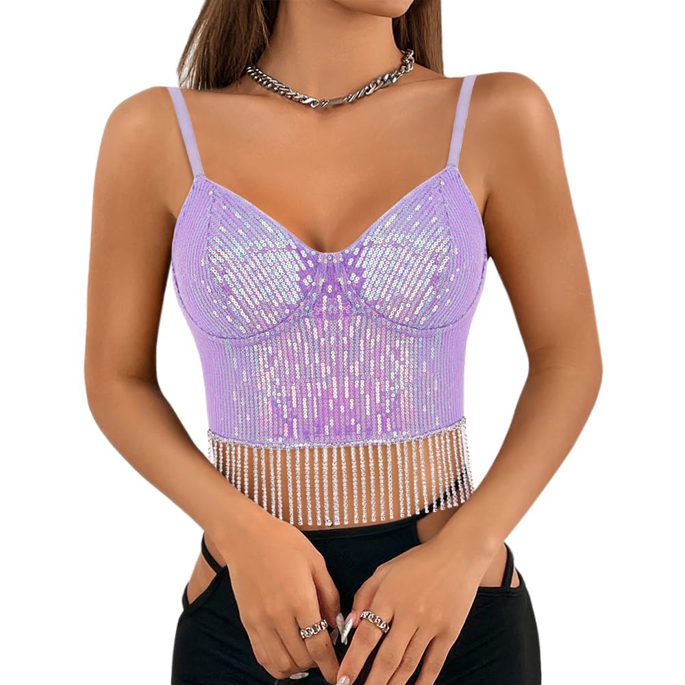 Segreto Camiseta de tirantes para mujer, con lentejuelas, sin mangas, tirantes finos, sexy, para festivales, fiestas, clubes