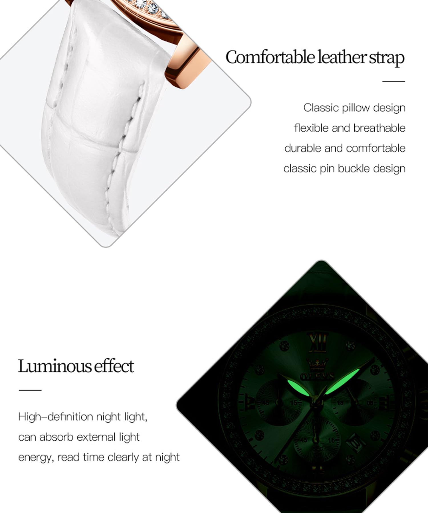 OLEVS Damen-Armbanduhr, multifunktionaler Chronograph mit 4 Hilfszifferblättern, Lederarmband, römische Ziffern, Datum, Leuchtend, wasserdicht, Elegante Armbanduhr