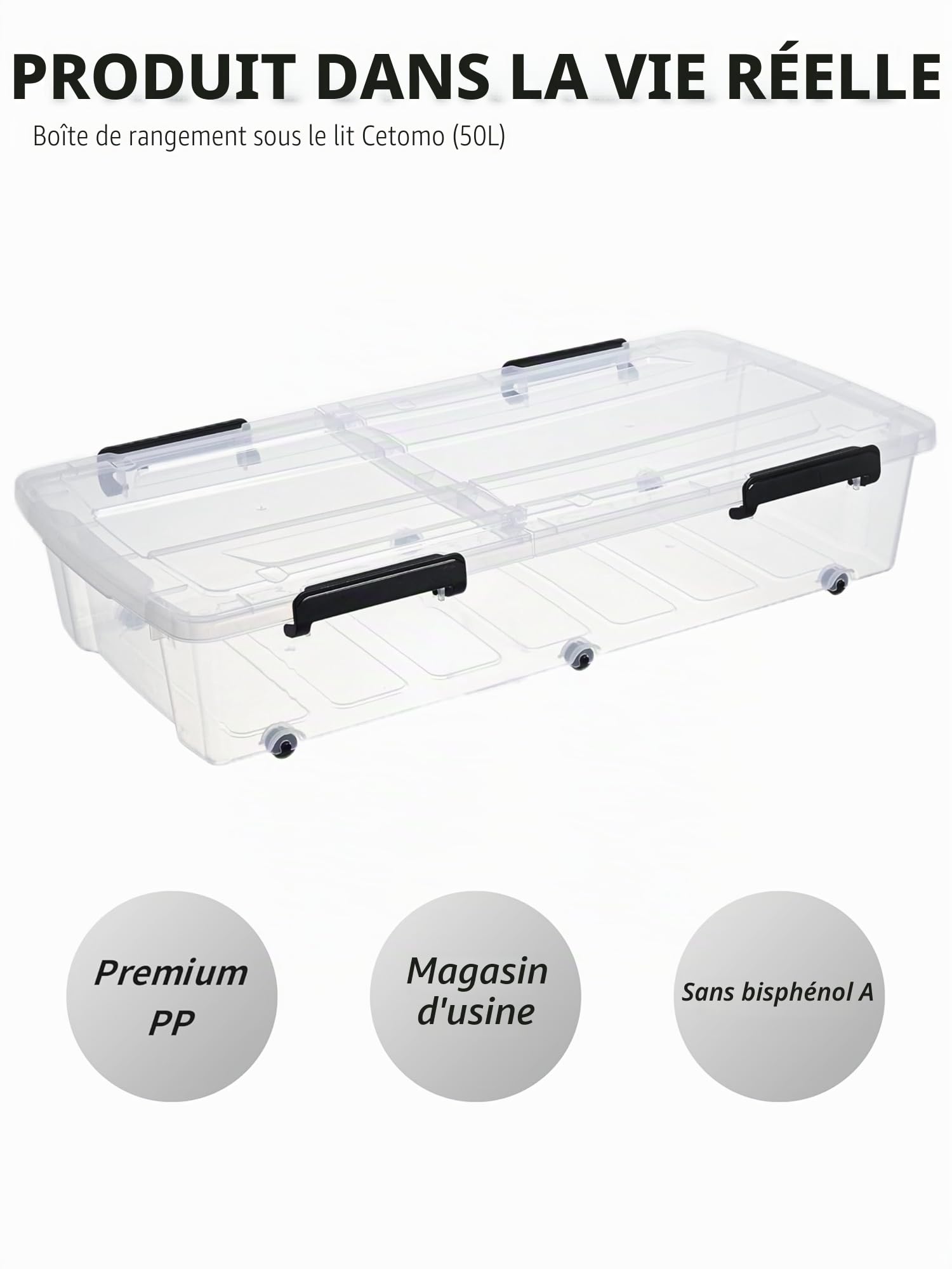 Cetomo 50L*4 Boîtes de Rangement avec Roues, Conteneur de Rangement Sous le Lit avec Couvercles à Double Ouverture, Boîte d'organisation pour Chambre à Coucher, Superposable, PP, Clair, 50L, Lot de 4