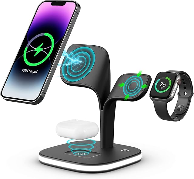 Magnetic Wireless Charger,3 in 1 Magsafe Wireless Charging Station Compatible with iPhone 14/13/12/Pro/Pro Max/Mini, for Apple Watch Ultra/8/7/6/SE/5/4/3/2, AirPods 3/2/ Pro (with Adapter)