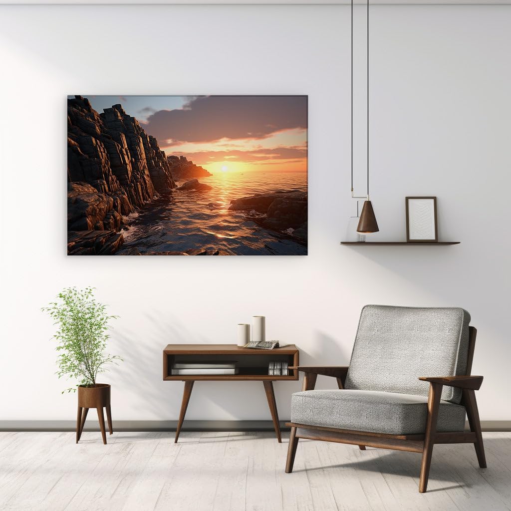 Canvas for Living room. Golden Serenity at Sea � An Elegy to Sunsets and Solitude, 27 x 18 inch Canvas Wall Art - Contemporary Masterpieces - Modern Home Decor - 69x46 cm (27x18 inch)