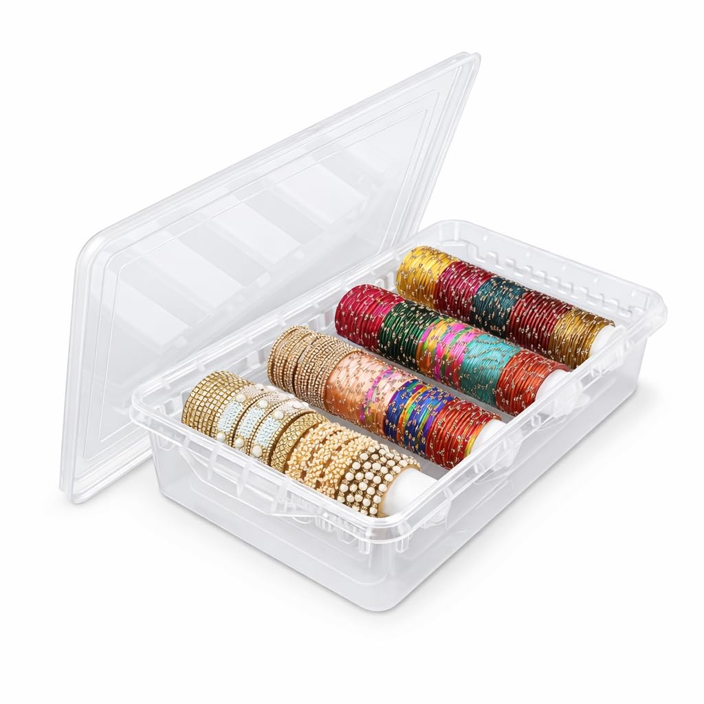 Shyamvun Women's Transparent Bangle Storage Box For | Chudi & Jewellery Organiser With 4 Rod Partitions | Portable Box For Bangles, Bracelets, Watches & Accessories