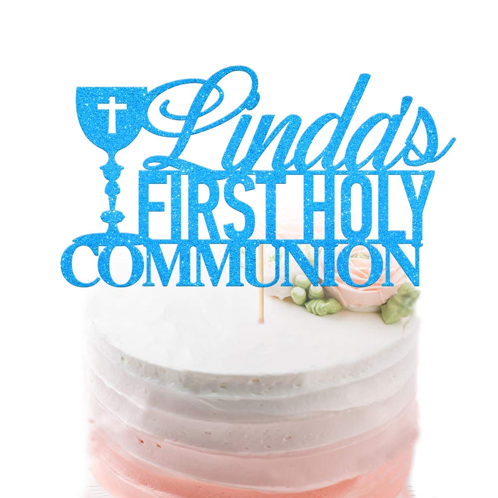 Personalised First Holy Communion Cake Topper - Grail Cross Christening Baptism Confirmation 1st Communion Party Decor Multicolour Glitter Hand Finished in UK(Blue)