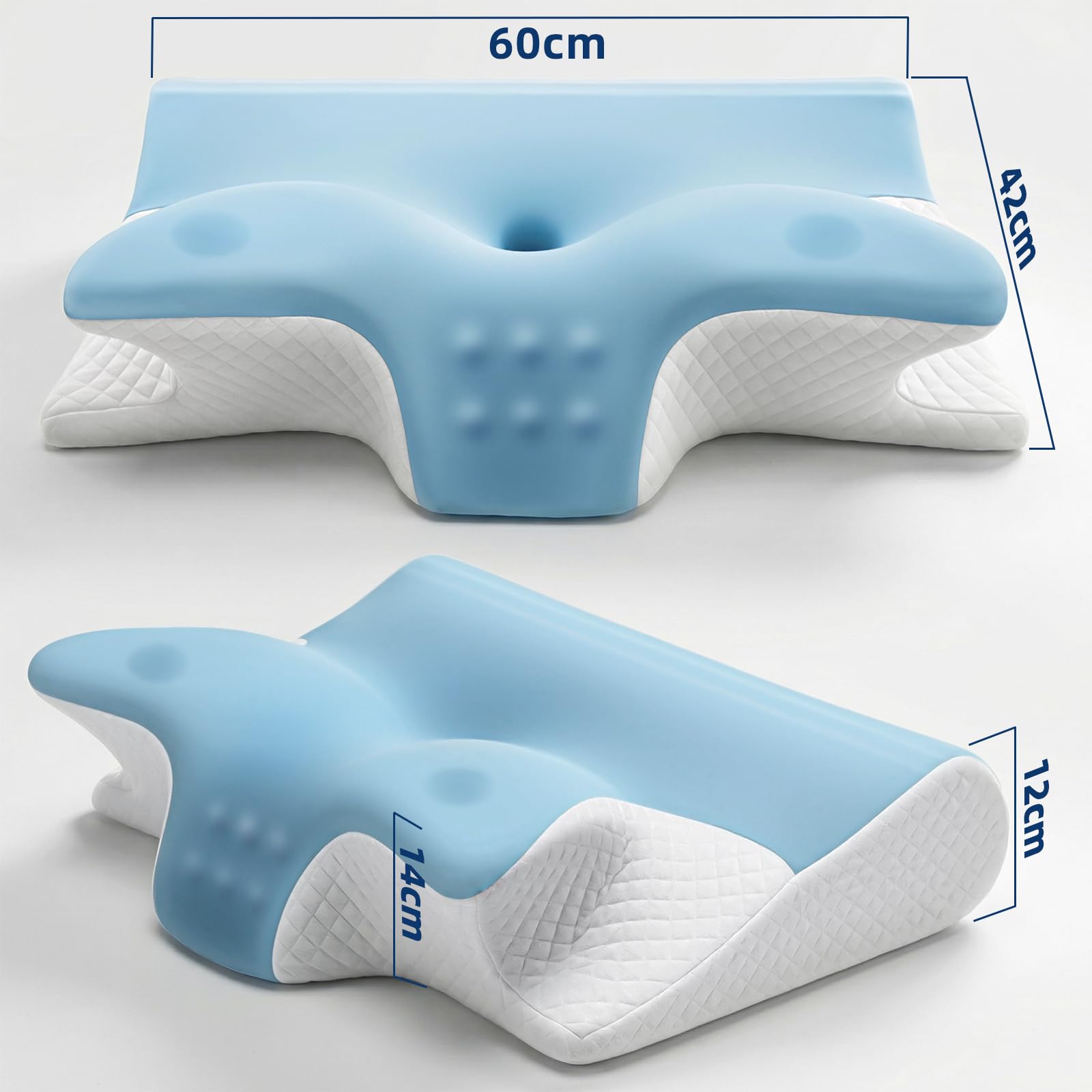 Cuscino Cervicale per Dormire - Cuscino Ergonomico in Memory Foam per Dolori al Collo, Cuscino Ortopedico Antirussamento e Guanciale Letto per Dormire sul Fianco, Schiena(60x42x14/12cm, Blu)