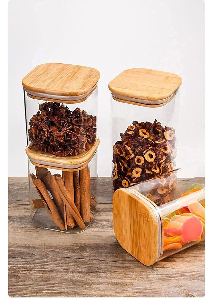 HOBUZ INTERNATIONAL 750 ml square shape wooden lid glass jar, airtight clear glass wood lid jar, Canisters for Sugar, Candy, Cookie, Rice And Spice Jars Set of (6)