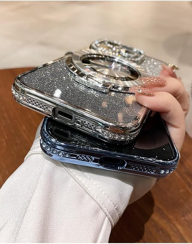 Miniatura 7 de OUROL Funda magnética con función atril (protector de lente con brillantina) para iPhone 15, 14, 13, 12 Pro Max (compatible con Magsafe), cubierta