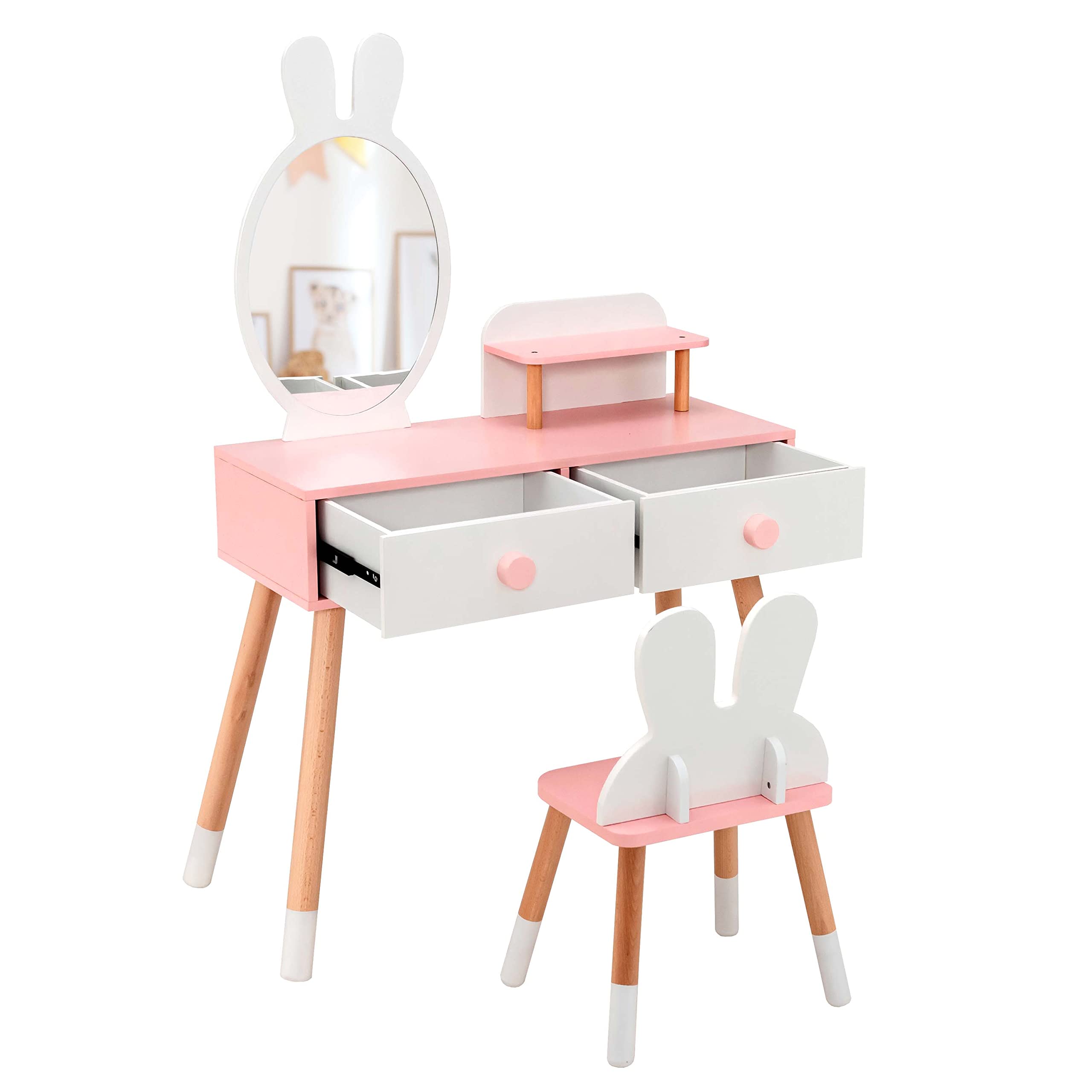DREAMADE 2 en 1 Coiffeuse Enfant Fille avec Miroir Amovible&Tabouret Table de Maquillage Enfant 3+ Ans,Pieds en Bois,2 Tiroirs,Coiffeuse Princess Tout-Petits Charge 50 KG(Lapin Blanc)