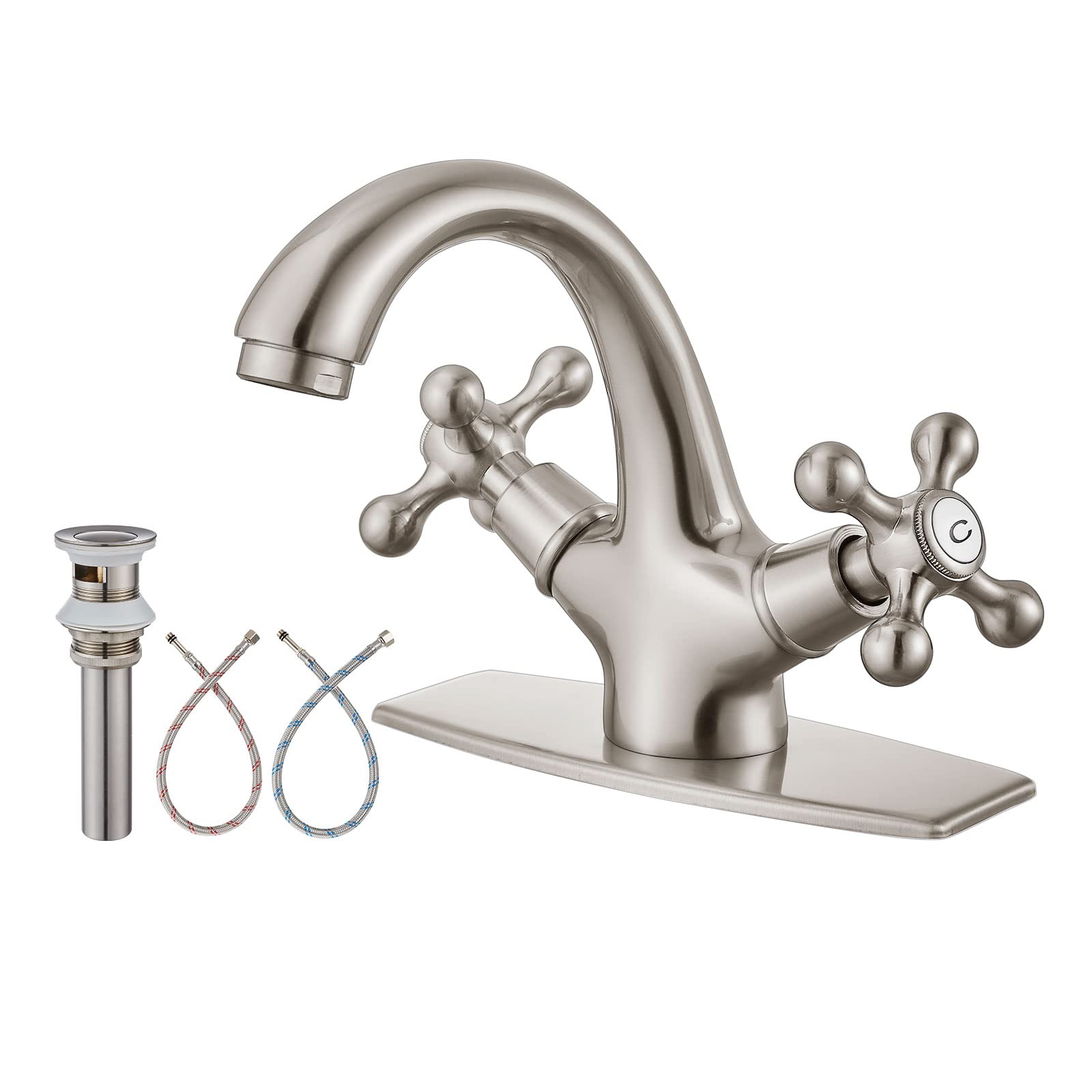 AolemiBrushed Nickel Bathroom Vessel Sink Faucet Double Cross Handle Two Knobs Mixer Basin Tap Hot and Cold Water for Vanity Single Hole Pop Up Drain with Overflow Included