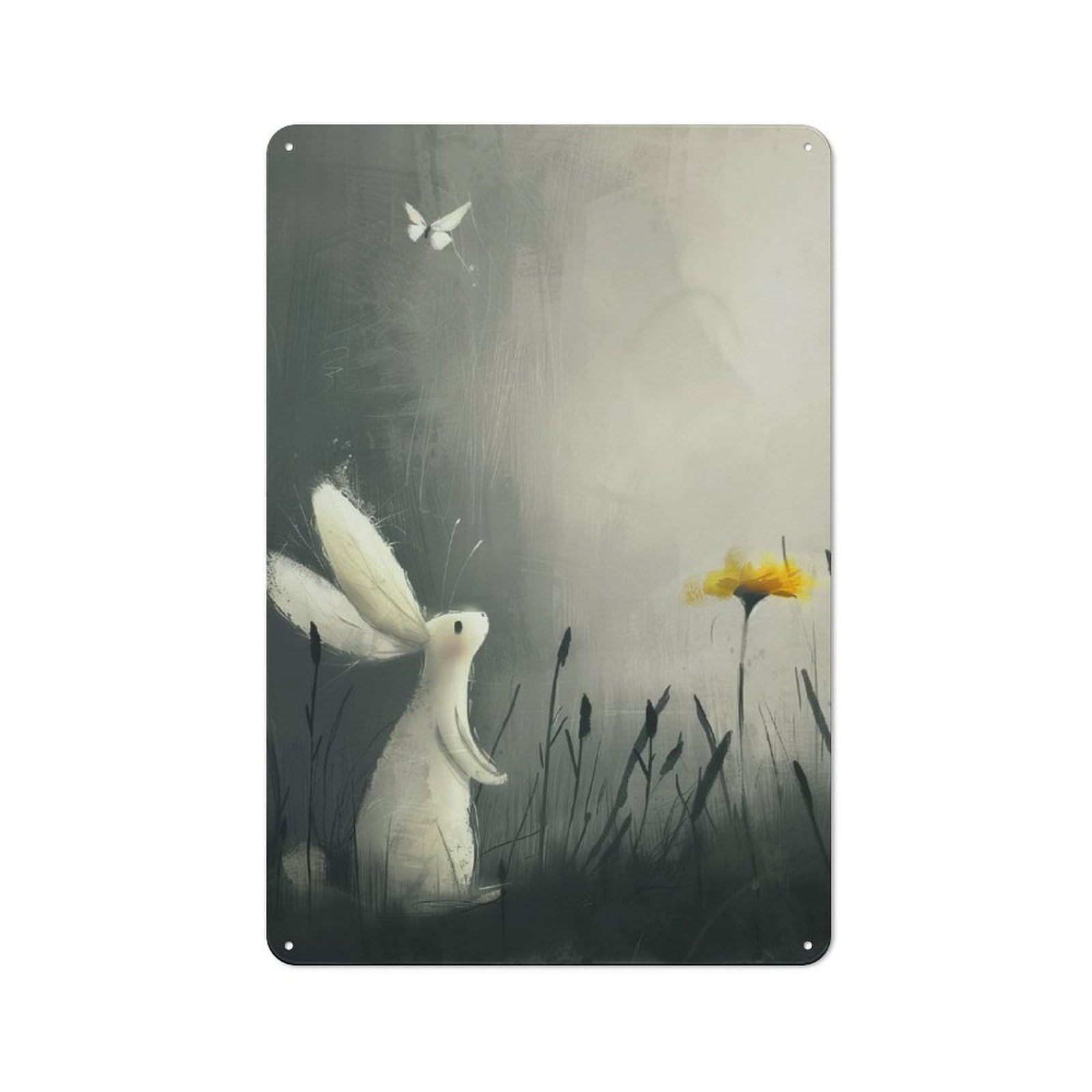Junmoney Style-3 Retro Rabbit And Butterfly In Grayscale Meadow Vintage Tin Sign 30X20cm, Retro Room Decor For Lounge, Study, Pub Or Wall Gallery