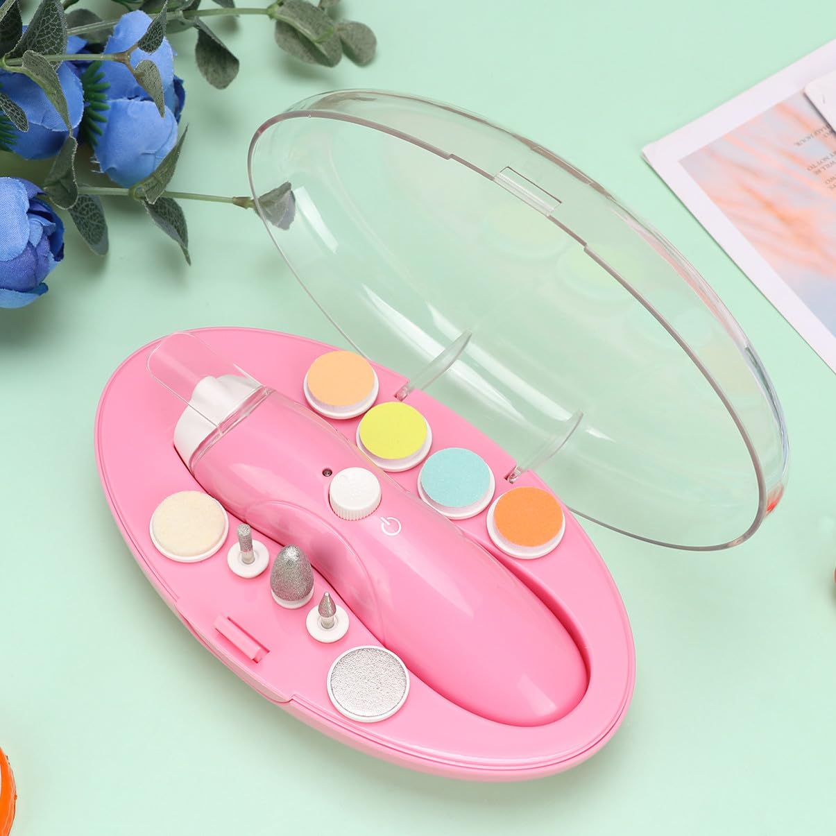 ERINGOGO 1juego Kit De Cuidado De Uñas Para Bebés De Cortauñas Eléctrico Cabezas Intercambiables y Luz Nocturna Para Recién Nacidos y Mamás Color Rosa