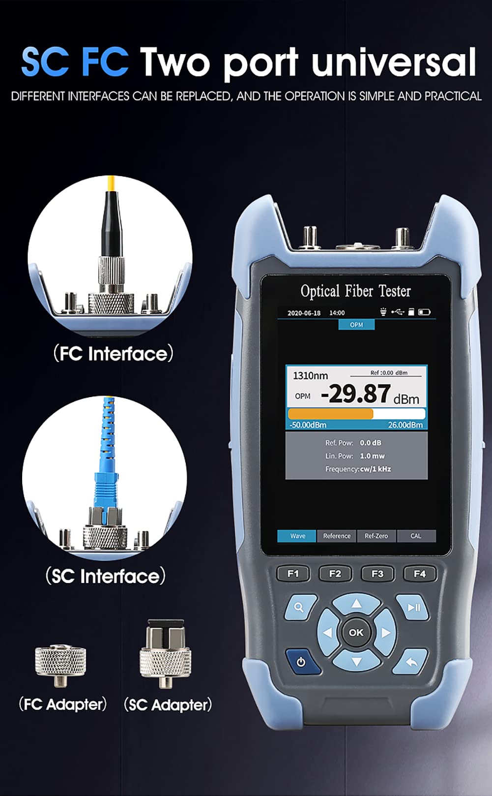 Reflectómetro de Fibra óptica OTDR, Reflector de dominio de Tiempo óptico OTDR de Fibra, Detector de obstáculos con 9 Funciones VFL OLS OPM, 22/24dB