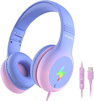 Cowyawn USB Type C Kid Headphones, Wired Headphones for Kids with Microphone/LED Lights, 85/94dB Volume Limit, Stereo Sound, Foldable Over-Ear USB-C Headphones for School/Travel/Tablet/iPad, Pink