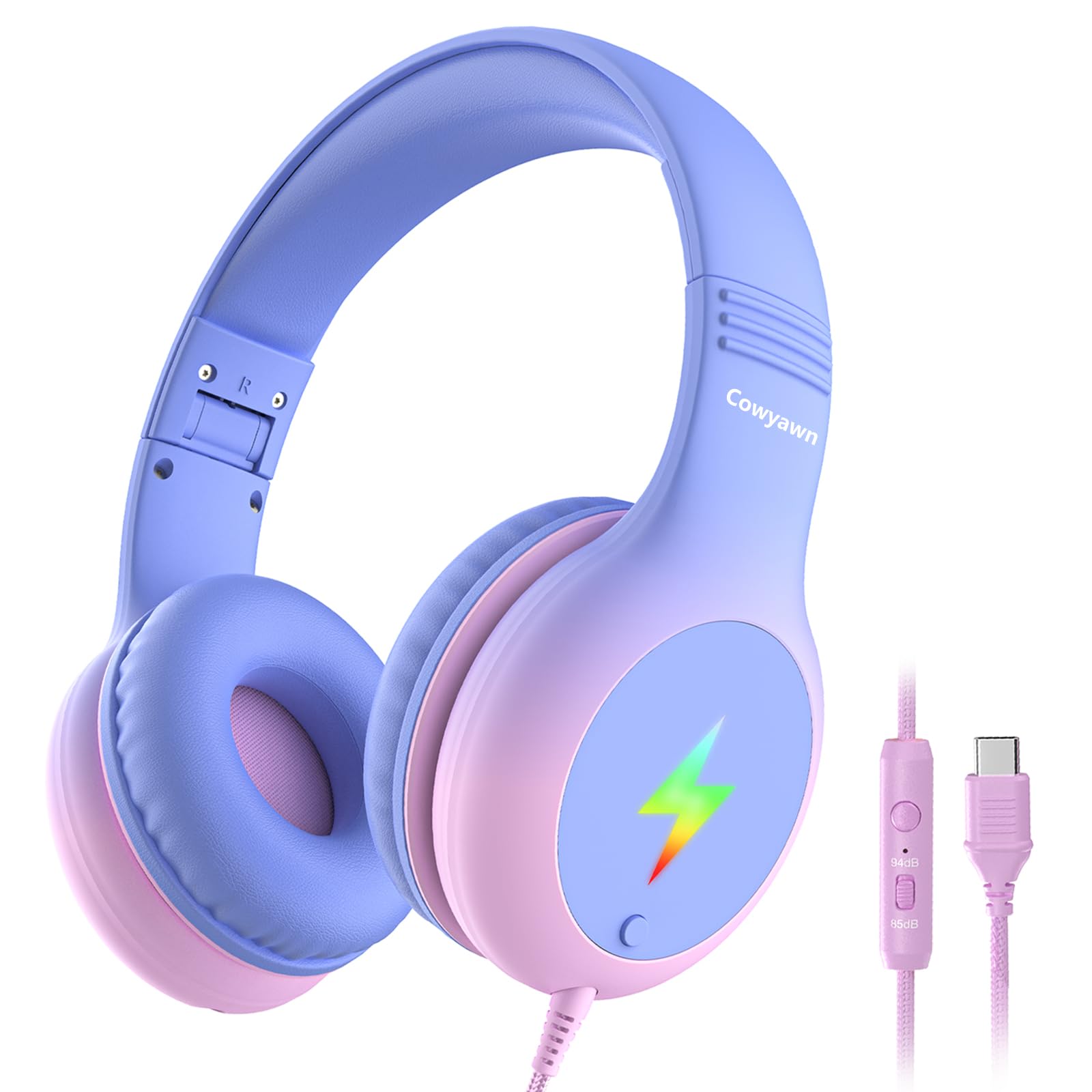 Cowyawn Kinder-Kopfhörer mit LED-Lichtern, USB-Typ-C-Kid-Kopfhörer mit Mikrofon, Lautstärkenbegrenzung 85/94 dB, Over-Ear-USB-C-Kopfhörer für Jungen/Mädchen/Schule/Tablet/Reisen/iPad/iPhone, Violett