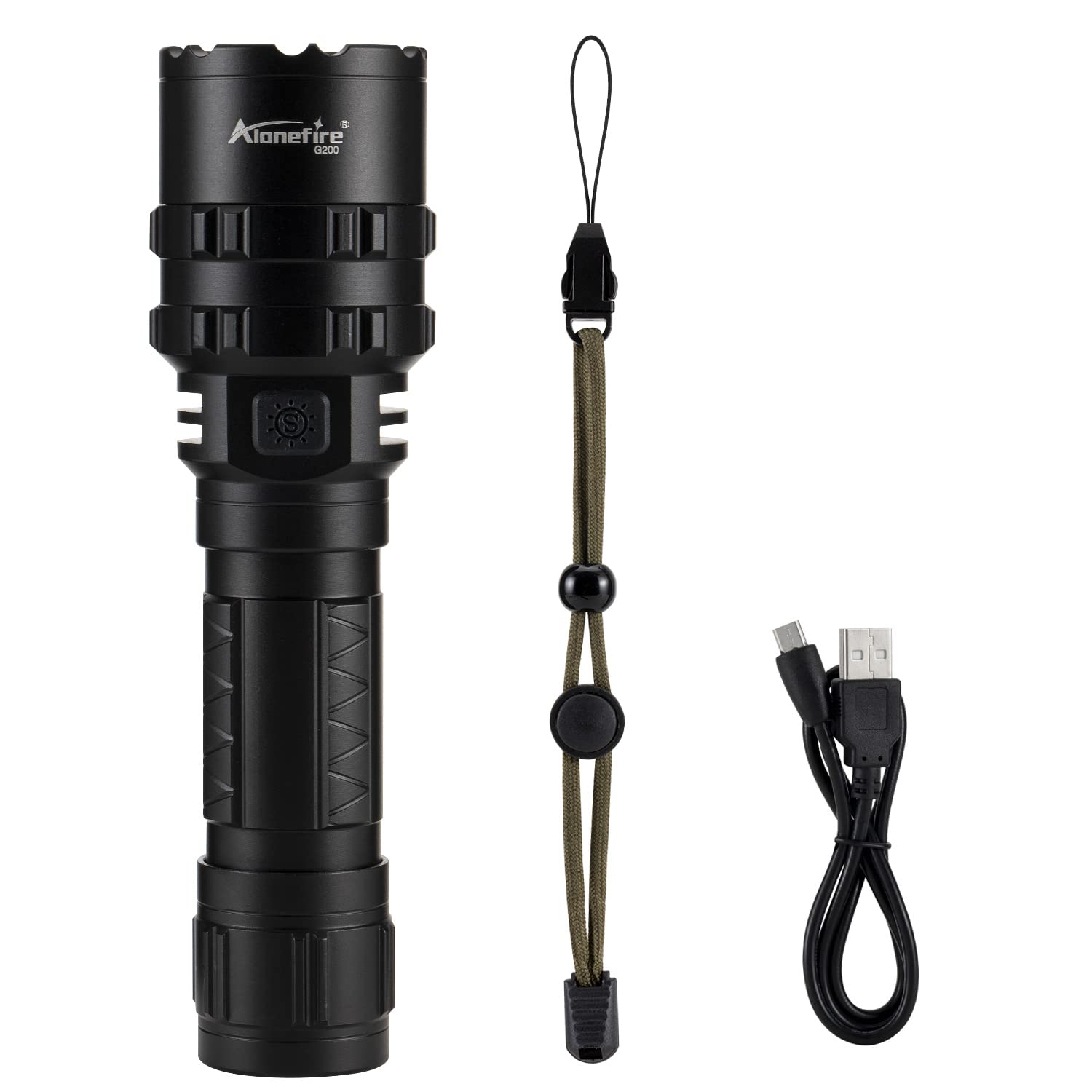 Alonefire G200 Lampe de Poche LED Tactique Ultra Puissante 4000 Lumens élevés XHP50.2 USB Rechargeable 5 modes avec Pile Incluse pour Camping Chasse Sécurité Police Randonné Militaire