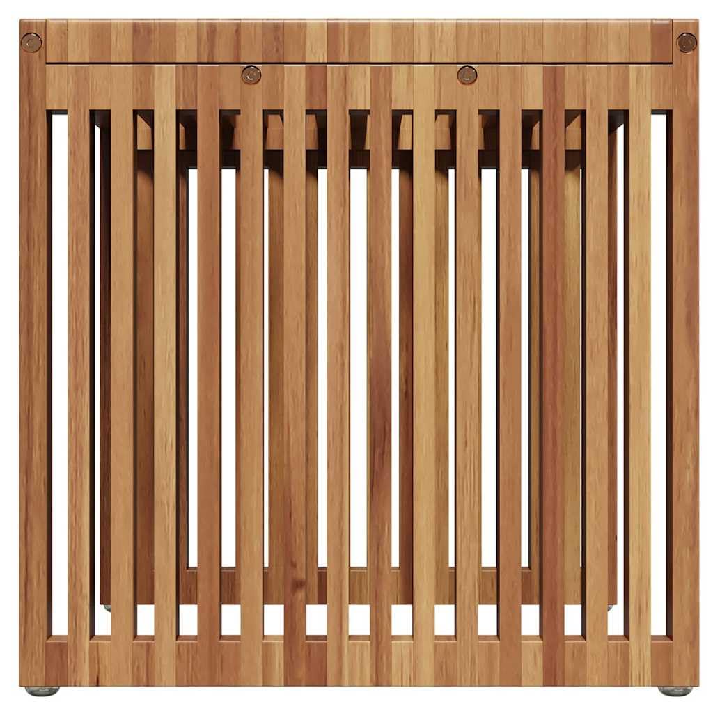 Brązowy drewniany stół ogrodowy z boku, 45 x 45,5 x 45,5 cm, solidny teak, na taras, balkon na zewnątrz, stabilny design, łatwa pielęgnacja, oszczędność miejsca