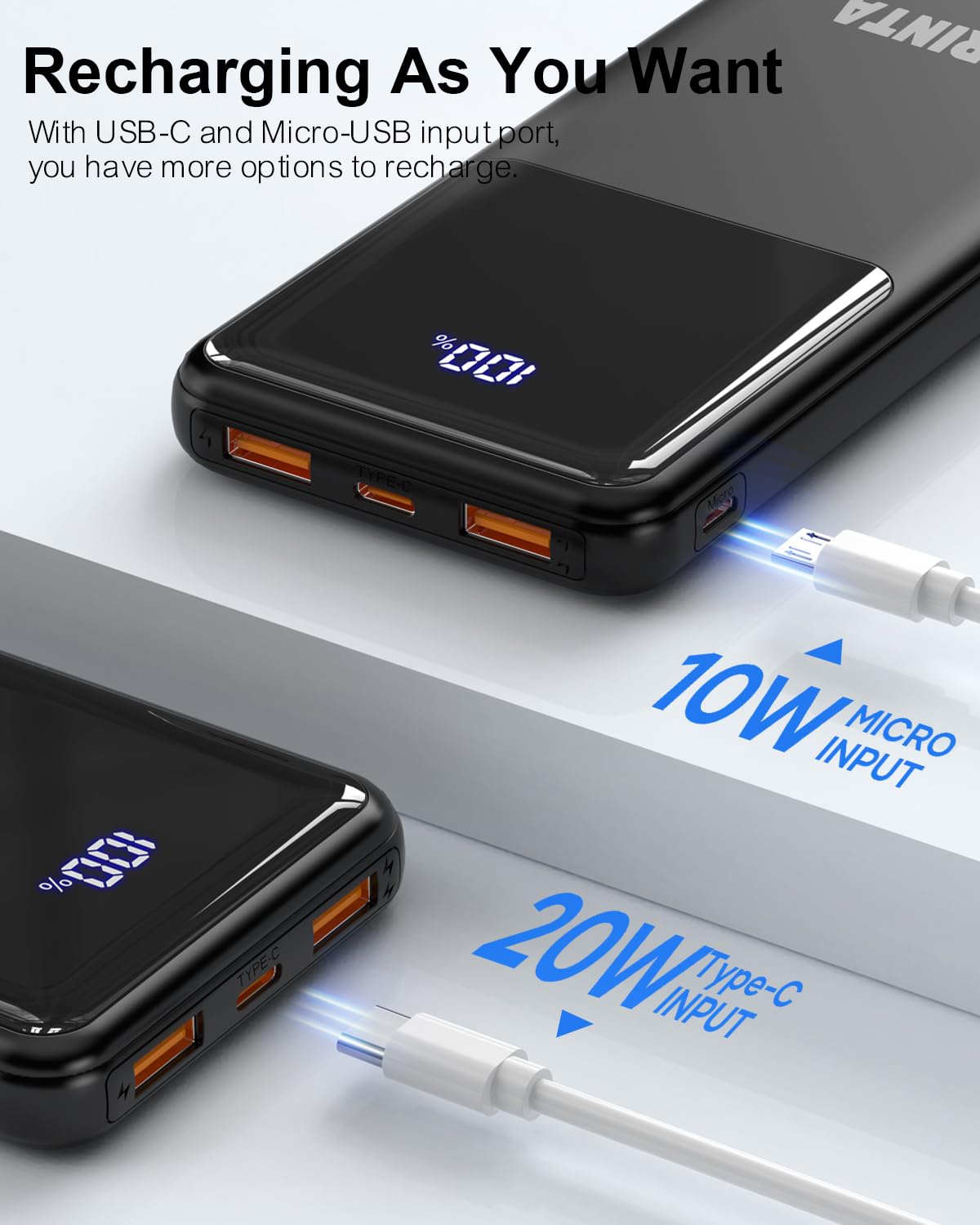 Power Bank Caricabatterie portatile 10000 mAh PD 22,5 W, batteria sottile con display a LED e ingresso/uscita USB-C, compatibile per iPhone 16 15 14 13 12, Galaxy S24 23 22 21, tablet, ecc
