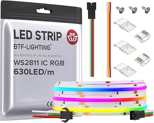 Miniatura 1 de BTF-LIGHTING FCOB WS2811 IC RGB Chip Flexible de Alta Densidad Uniforme Luz Persiguiendo Color Tira LED DC24V 630LEDm 9.8FT 30IC 0.394 in Ancho
