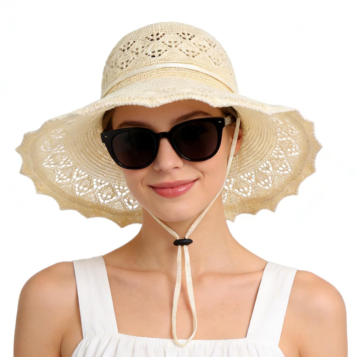 sannidhi Fashion Crochet Sun Hat for Women Beach Hat Elegant Hollow Out Sun Hat with Crochet Flower Charm, Lightweight Foldable Crochet Outdoor Hat for Travel, Beach Beige-picture-10