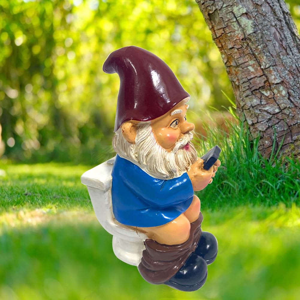 3D Gnome Toilet Play Phone Figurine Garden Landscape Resin Dwarf Sculpture Craft