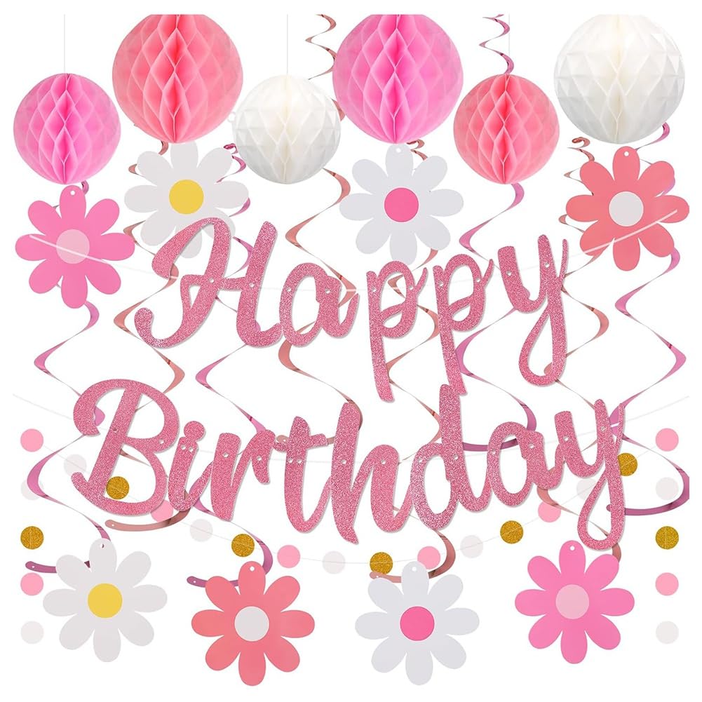 CTRLZS Birthday Decoration,Pre-Strung Honeycomb Ball,Happy Birthday Banner for Women Girls Party Decorations