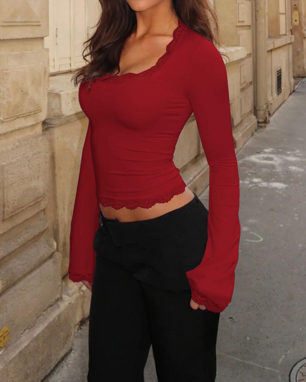 Women Y2k Lace Trim Square Neck Bell Long Sleeve Crop Tee Shirts Lace Patchwork Slim Fit Going Out Shirts Blouse - Image 3