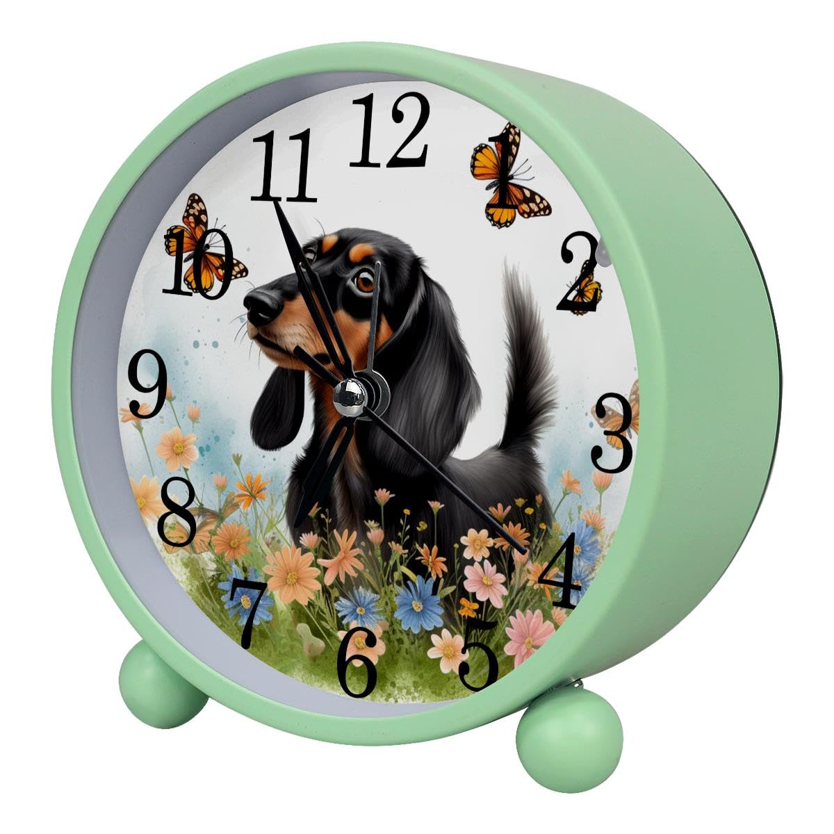 Luoweisi Alarm Clock Dachshund Daisies Butterfly, Silent Non-Ticking with Night Light