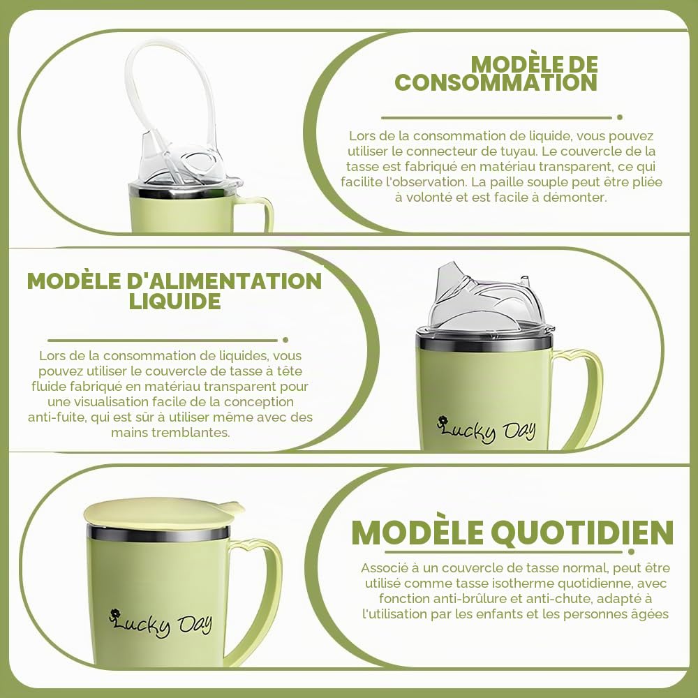 Gobelet anti-déversement 3 en 1 pour adulte HOVCEH, 350 ml, avec couvercle et paille de 30 cm, avec poignée, gobelet en acier