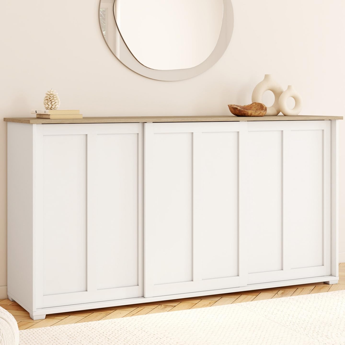 IDMarket - Aparador JANGO 160 cm con 3 puertas correderas blancas y tablero de madera