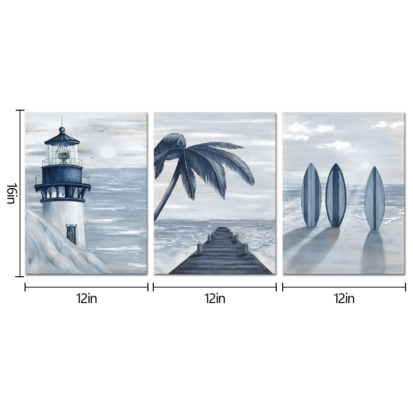 HOMEOART Impresiones Artísticas De Pared De Playa Azul, Muelle Costero, Muelle Costero, Paisaje Marino, Faro, Pintura Con Tema Náutico, Arte Enmarcado Estirado, Obra De Arte Para Sala De Estar