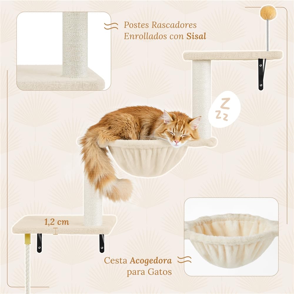 Yaheetech Estante de Escalada para Gatos 4 en 1 Mueble de Pared Beige | Fácil montaje, Ahorra espacio,Duradero,Poste sisal resistente,multifuncional,Bola colgante sustituible, Felpa suave