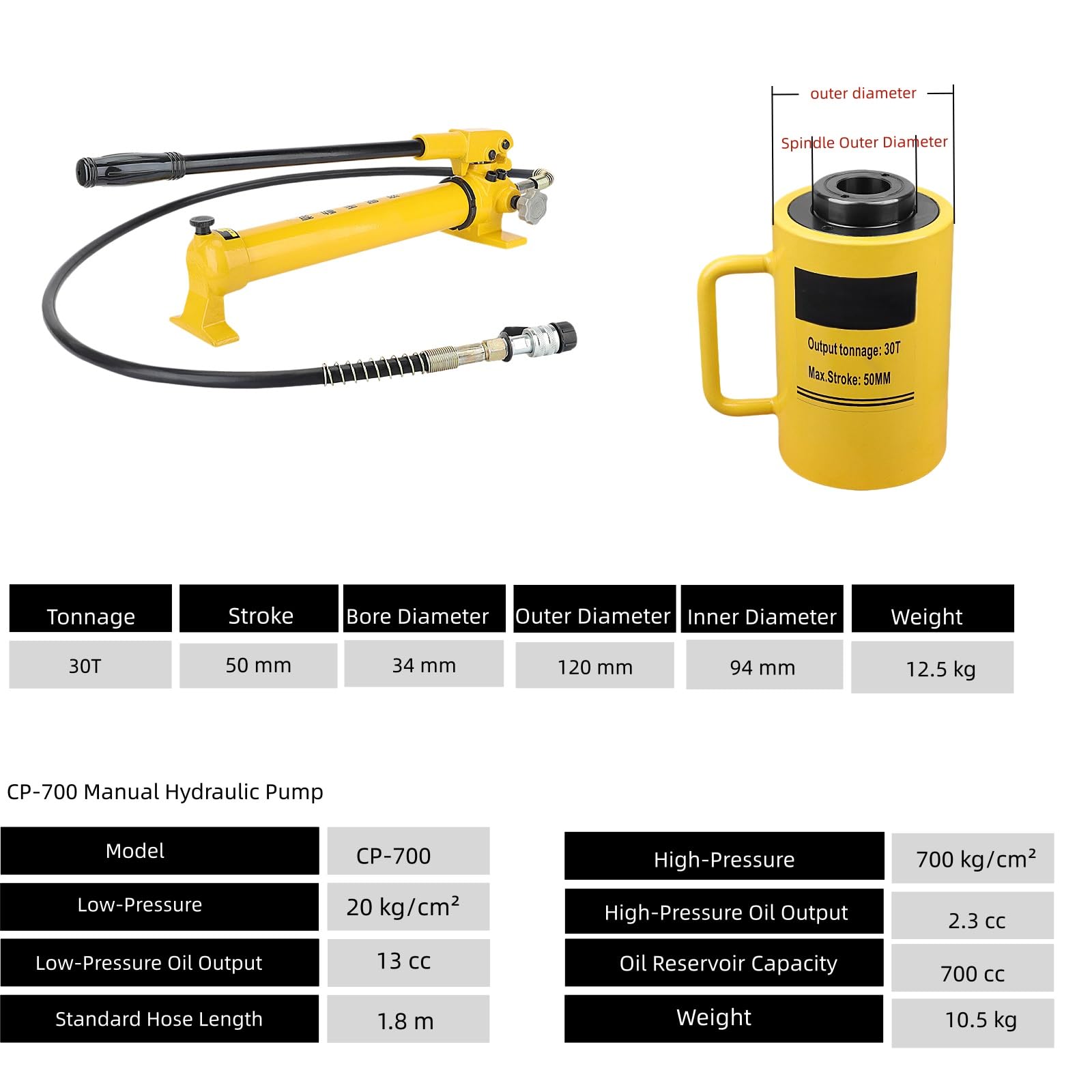 Podnośnik hydrauliczny z pompką ręczną, pusty siłownik hydrauliczny jednostronnego działania, pchanie i ciągnięcie do 20 ton, skok 10 cm