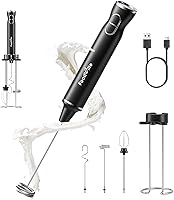 FoodVille MF06 Rechargeable Milk Frother: 1800mAh Battery, 9 Speeds, 3-in-1 Attachments, LED Display, Stand for Lattes, Cappuccino, Keto Coffee