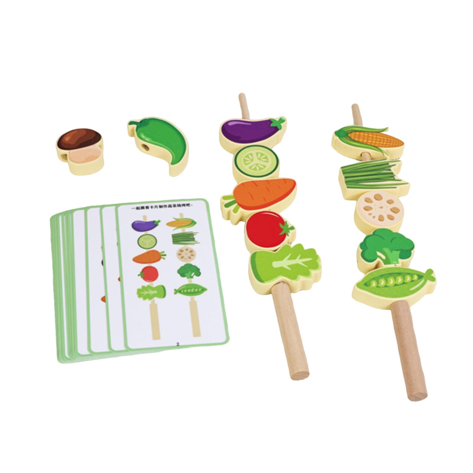 Children Cognitive Game Fruit Lacing Beads Threading Toy Stacking Blocks Pattern Cards Wooden Material For Early Learning Skills And Parent Child Play, Vegetable Skewers