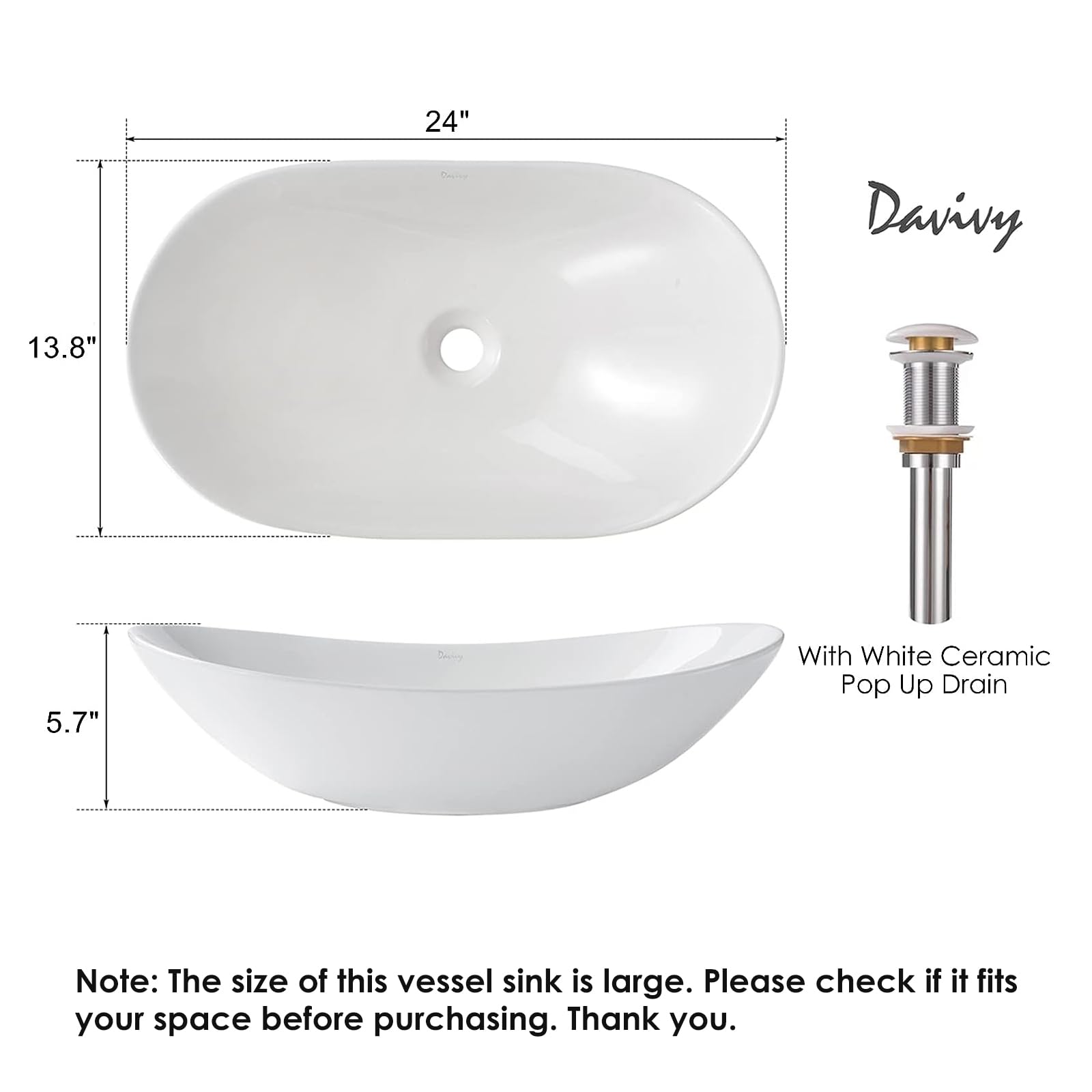 Fregadero ovalado grande de 24 x 13.8 pulgadas con drenaje desplegable, fregaderos de baño, lavabos de baño sobre encimera, fregadero de recipiente blanco, fregadero de cerámica y cuencos 3