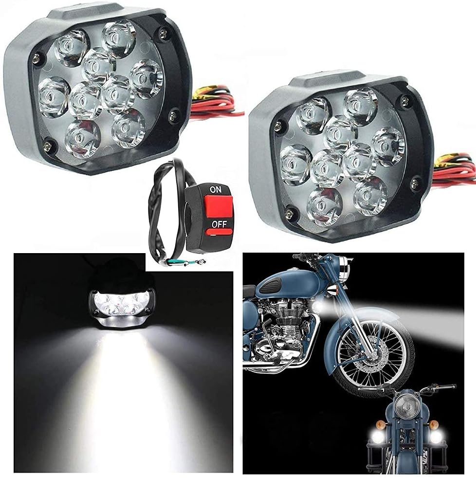 Riderscart 9 Led Light Fog Headlight Spot Beam with 13/15 Inch on/off Switch for Bike & Cars (15w, White Light, 2 Piece)