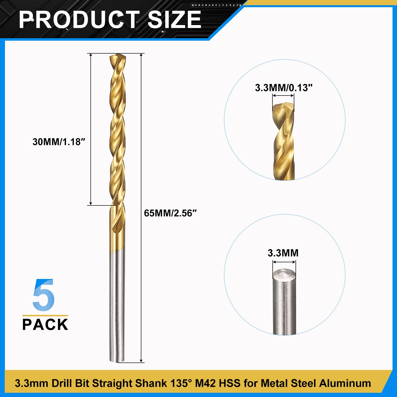 PATIKIL 3.3mm Drill Bit, M42 8% Cobalt High-Speed Steel Jobber Straight Shank 135 Titanium Nitride (TiN) Coated for Hard Metal Stainless Steel - 5 Pack - Image 2