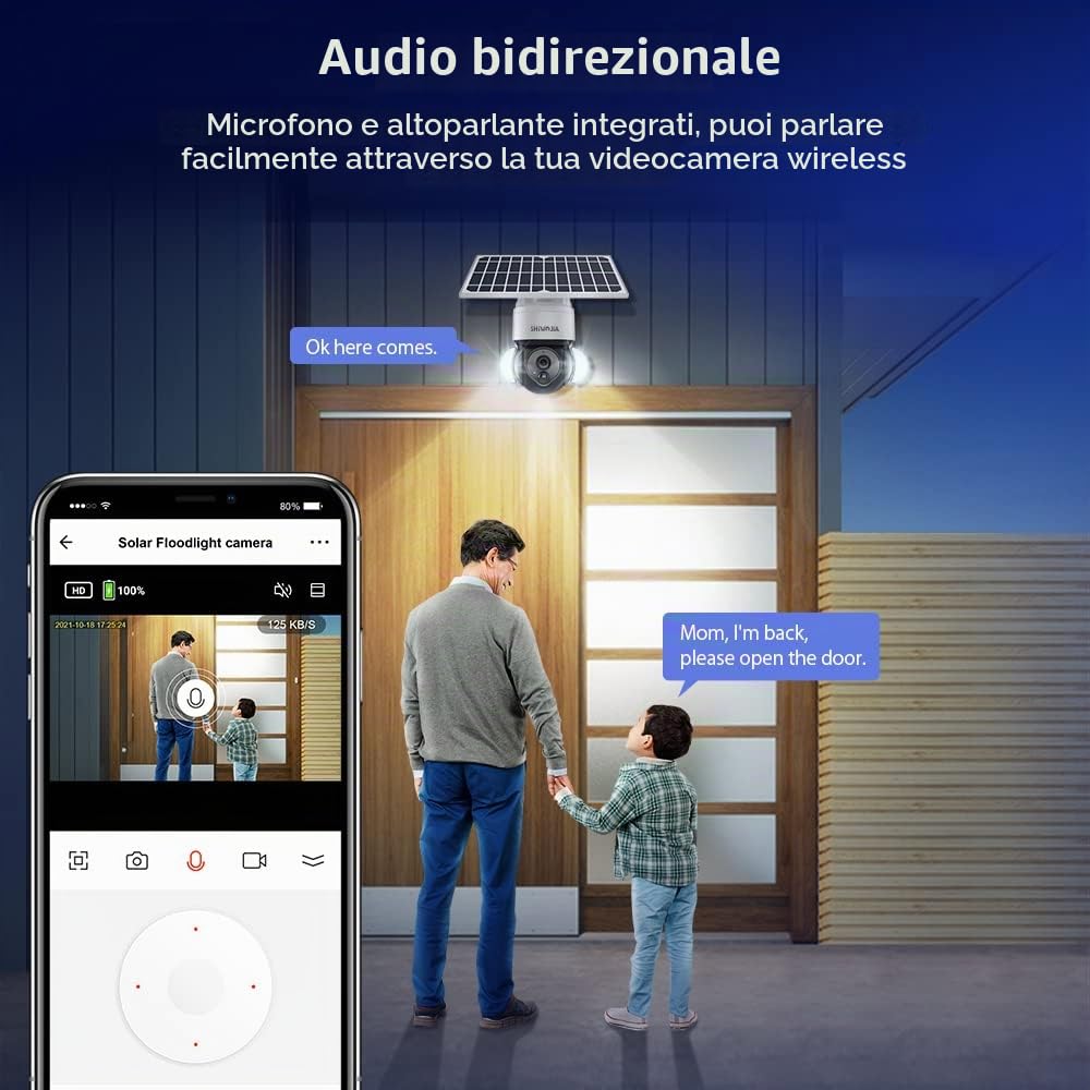 SHIWOJIA Telecamera Wi-fi Esterno con Pannello Solare, 2K PTZ 360° Videocamera Sorveglianza con Batterie da ricaricabile, PIR Rilevamento del movimento, Audio a 2vie, TUYA and Smart Life camera