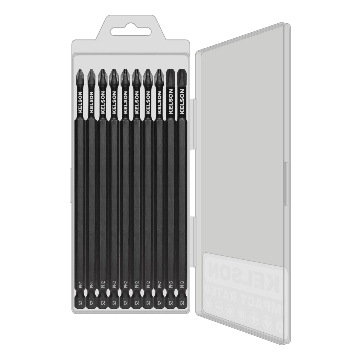 KELSON 10pcs Mixed Phillips 150mm PH1 PH2 PH3 Impact Rated Screwdriver Bits with Storage Case V2 1/4" Universal