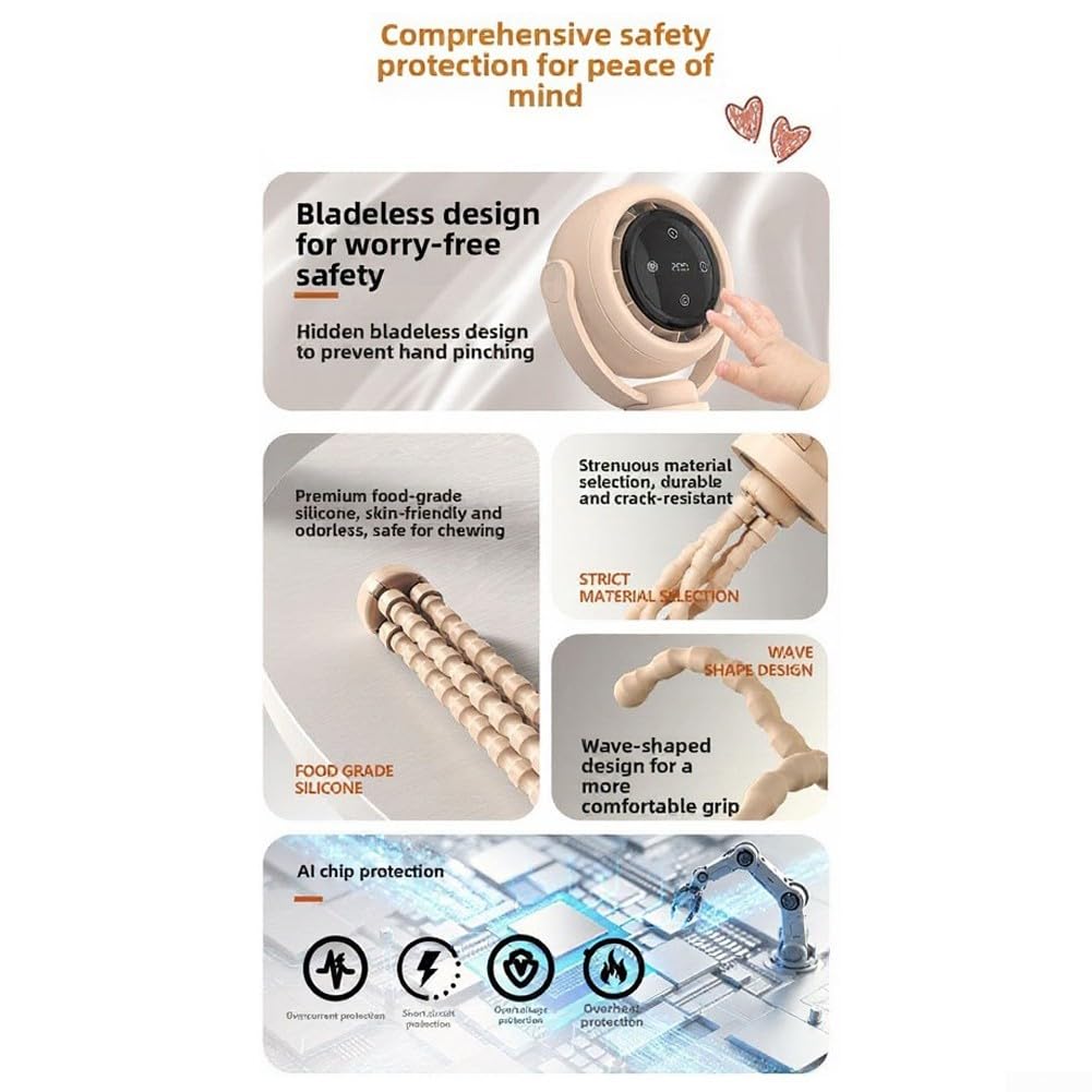 Ventola a treppiede per polpo 6000 mAh, gambe flessibili sicure per polpo (beige) | Sicurezza senza lama, motore silenzioso tedesco, 6000mAh per batteria, 3 velocità del vento, per clip passeggino