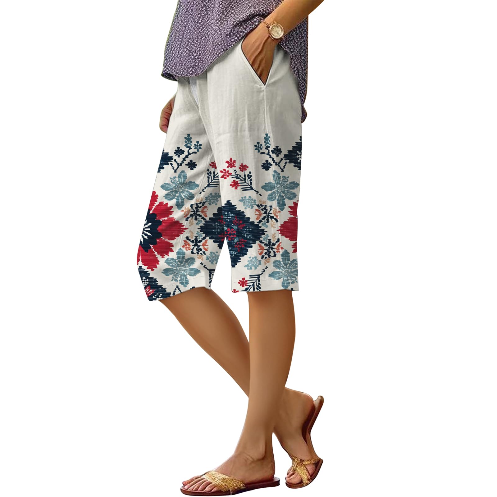 Womens Summer Casual Beach Bermuda Shorts Aztec Striped Pant Loose Knee Length Wide Leg Athletic Pants with Pockets