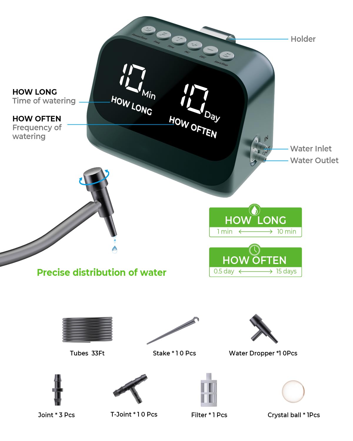Sistema di irrigazione automatico per piante in vaso, kit di irrigazione a goccia fai da te con timer intelligente, display a LED impermeabile e batteria di grande capacità, distribuzione precisa