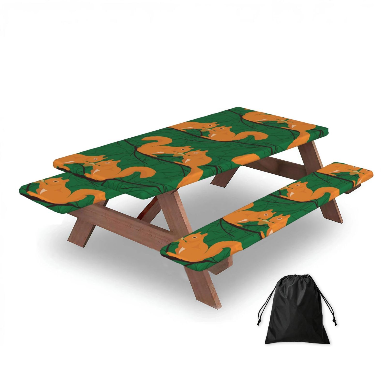 Cute Squirrel Animal Pattern, Picnic Table Cover With Bench Covers -Waterproof Elastic Fitted Tablecloth for Garden Camping Patio 76x152cm
