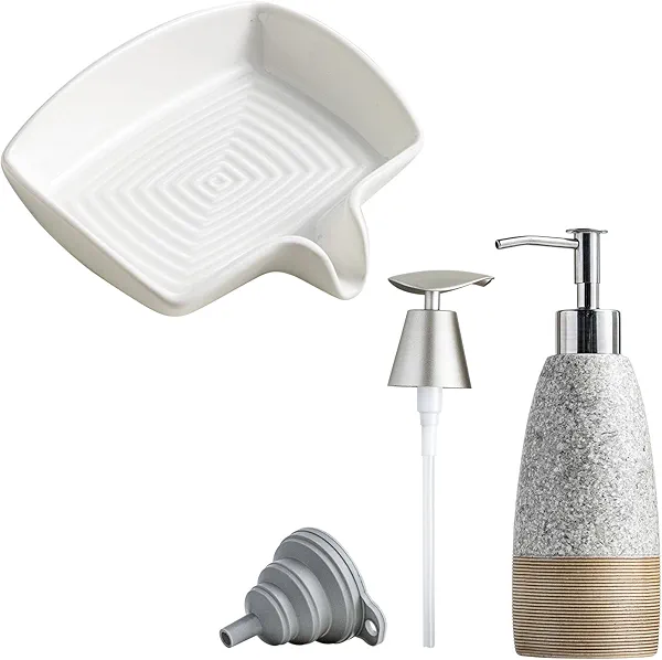 Soap Dish with Waterfall Design & Ceramic Dish Soap Dispenser with Plastic Pump & Stainless Steel Pump